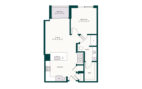 Floor plan for 1 bed, 1 bath, 787 sqft